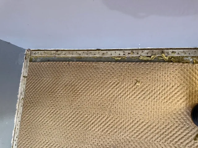 Inspection beneath water-damaged carpet